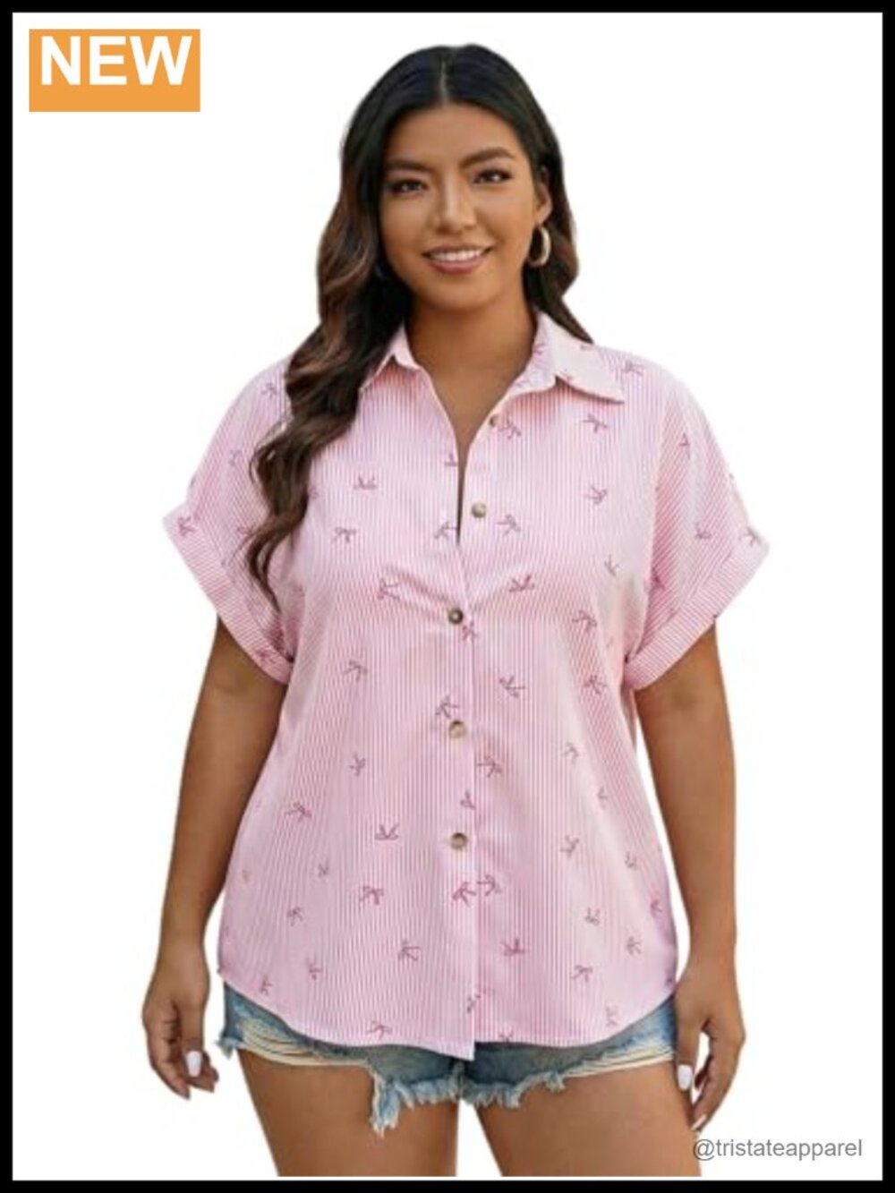 Women's Plus Size Bow Print Striped Button Down Short Sleeve Shirt
